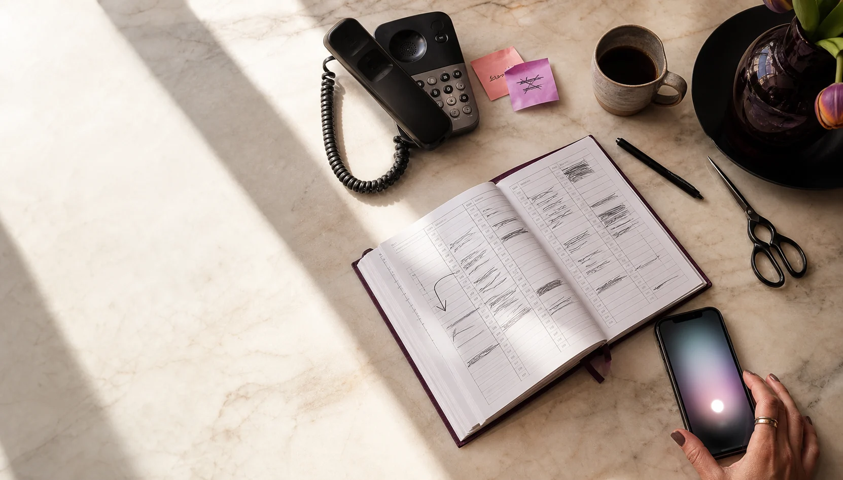 A paper appointment calendar beside a salon phone and shears